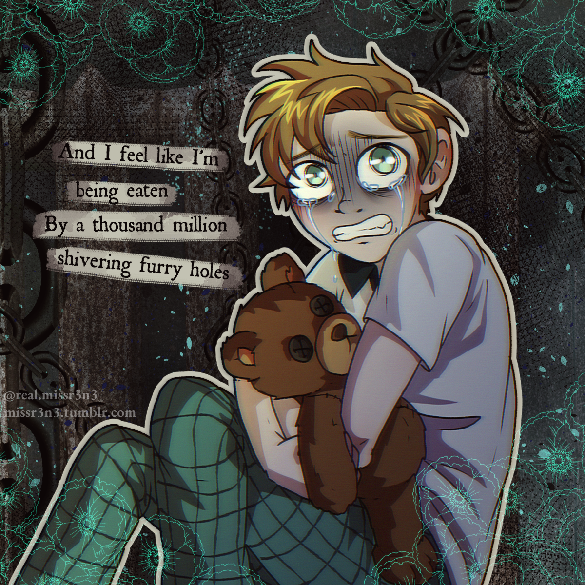 collage style illustration of child brandon from cabin tales 2.5. he's holding mr. snuggles tightly and crying with wide, terrified eyes. distressed text to his left reads 'And I feel like I'm being eaten By a thousand million shivering furry holes'